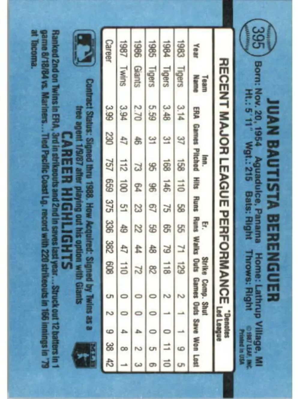 1988 Juan Berenguer Donruss Baseball Card #395